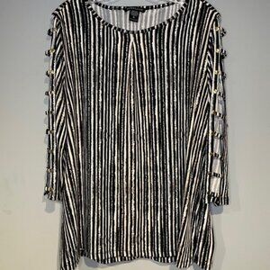 Robert Louis Tunic Slit Arms Size L Top Gold Accents Easy Care Black Brown Fancy